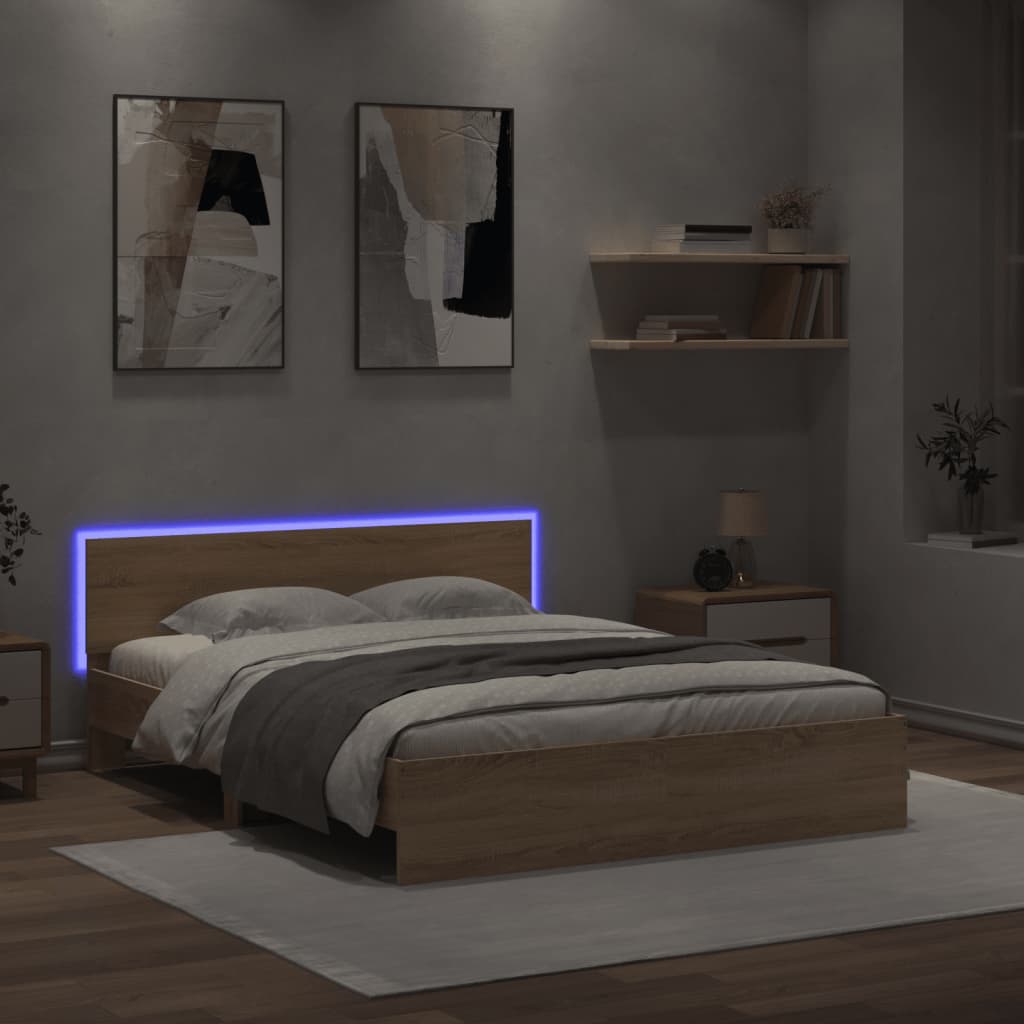 Bedframe met hoofdeinde en LED sonoma eikenkleurig 160x200 cm is nu te koop bij PeponiXL, paradijselijk wonen!