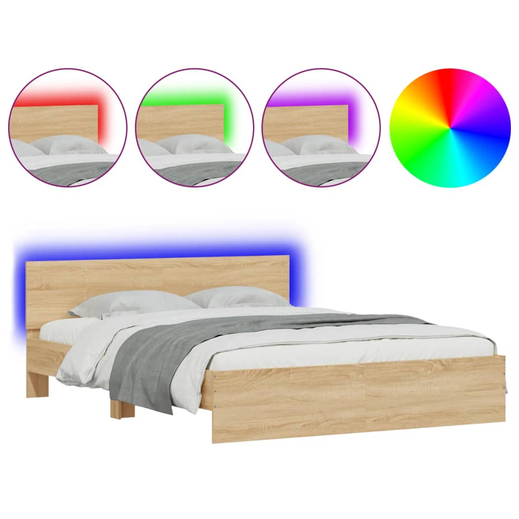 Bedframe met hoofdeinde en LED sonoma eikenkleurig 150x200 cm is nu te koop bij PeponiXL, paradijselijk wonen!