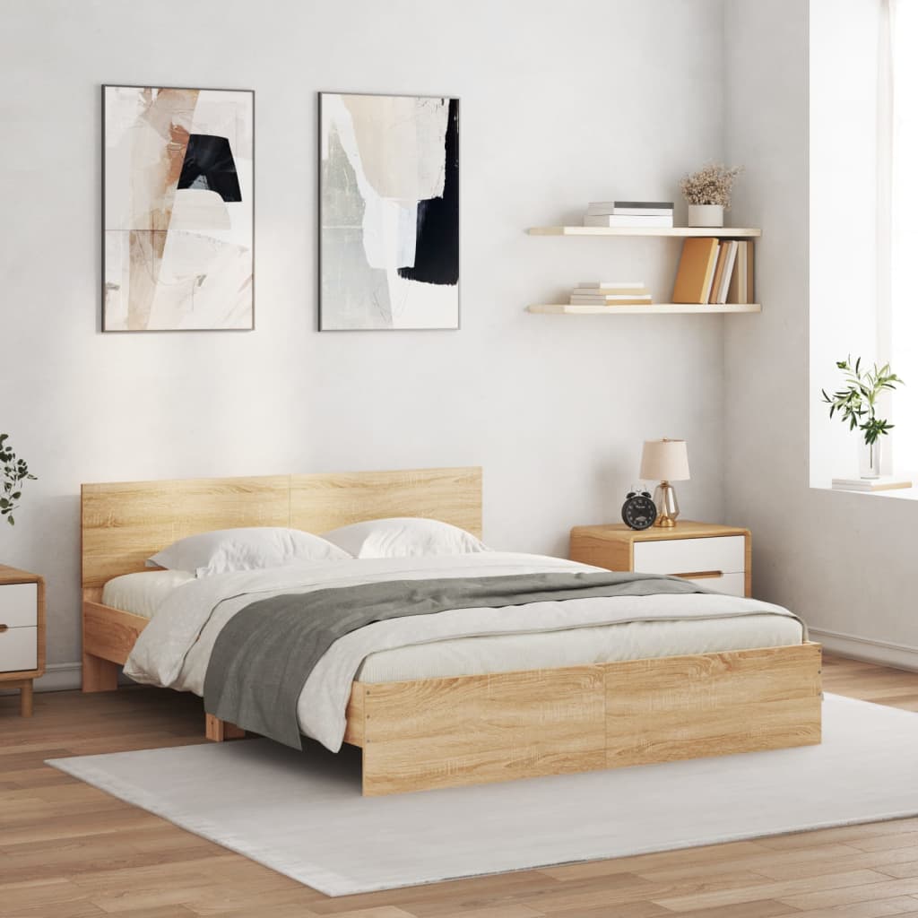Bedframe met hoofdeinde en LED sonoma eikenkleurig 150x200 cm is nu te koop bij PeponiXL, paradijselijk wonen!