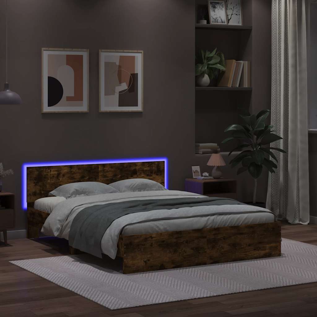 Bedframe met hoofdeinde en LED gerookt eikenkleurig 150x200 cm is nu te koop bij PeponiXL, paradijselijk wonen!