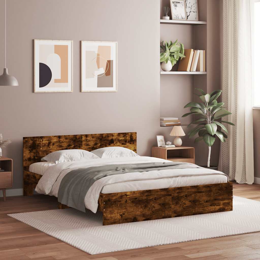Bedframe met hoofdeinde en LED gerookt eikenkleurig 150x200 cm is nu te koop bij PeponiXL, paradijselijk wonen!