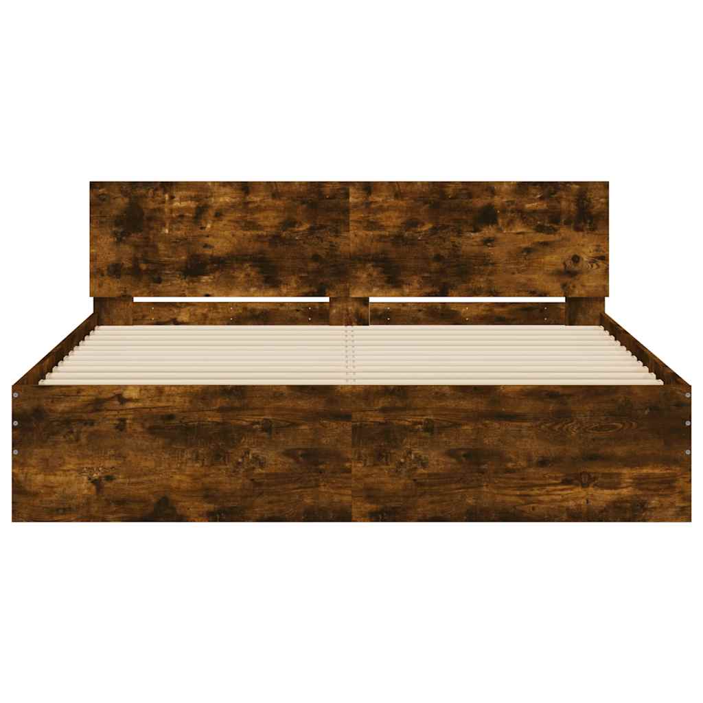 Bedframe met hoofdeinde en LED gerookt eikenkleurig 150x200 cm is nu te koop bij PeponiXL, paradijselijk wonen!