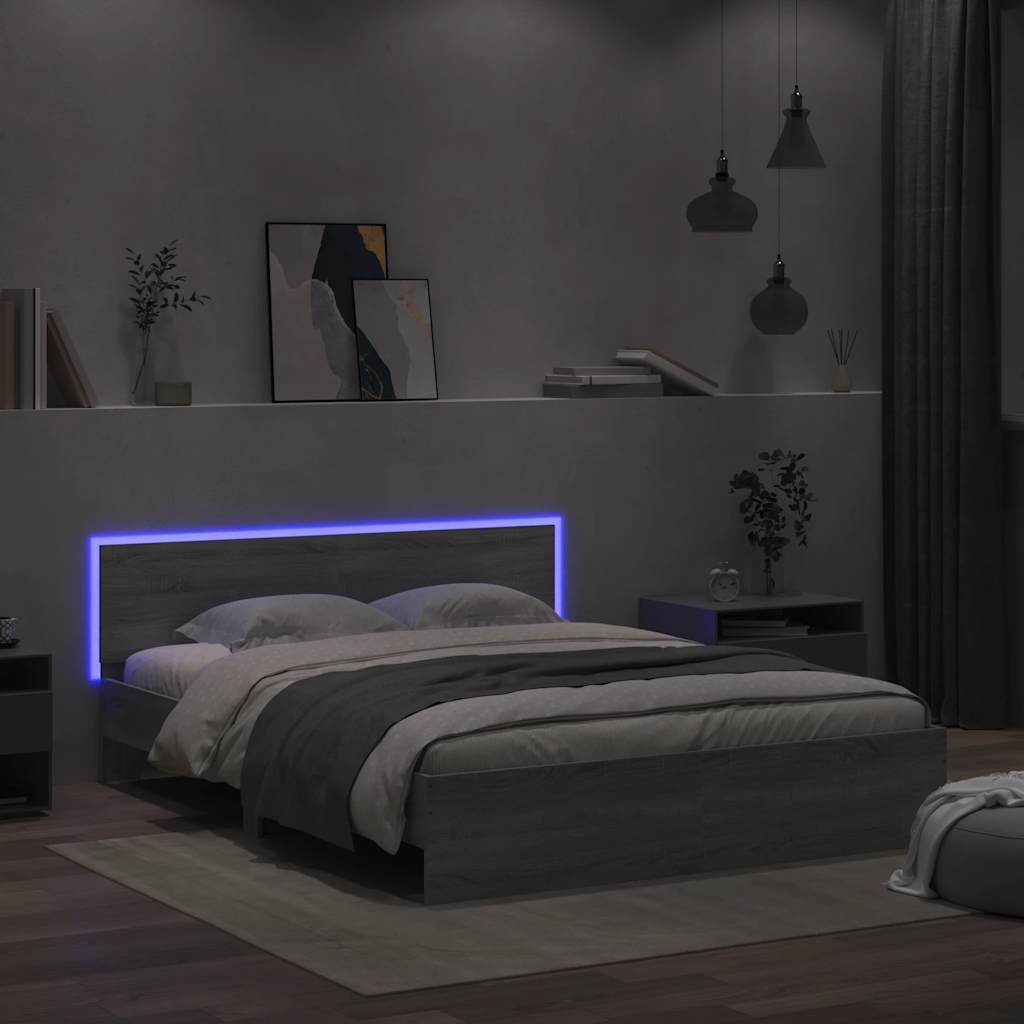 Bedframe met hoofdeinde en LED grijs sonoma eiken 150x200 cm is nu te koop bij PeponiXL, paradijselijk wonen!
