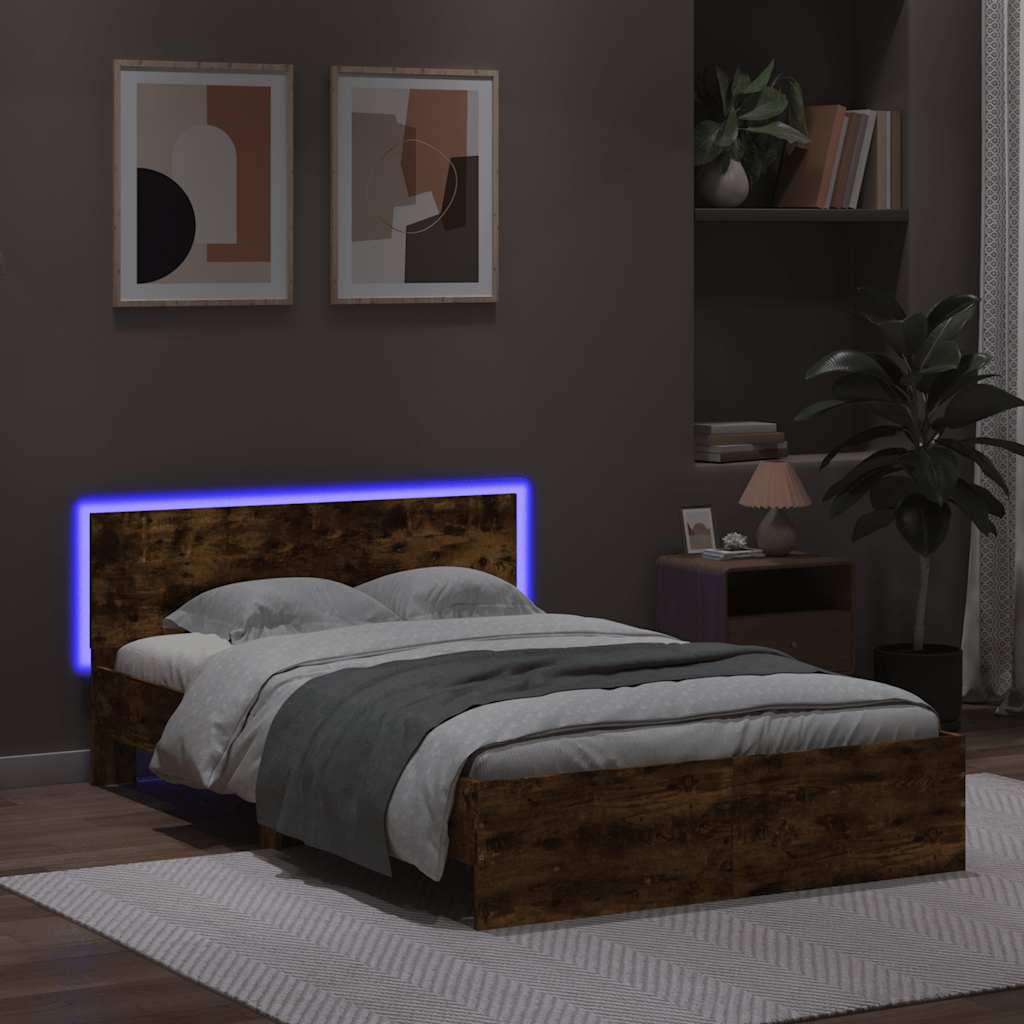 Bedframe met hoofdeinde en LED gerookt eikenkleurig 120x200 cm is nu te koop bij PeponiXL, paradijselijk wonen!