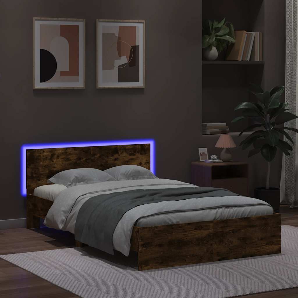 Bedframe met hoofdeinde en LED gerookt eikenkleurig 140x190 cm is nu te koop bij PeponiXL, paradijselijk wonen!