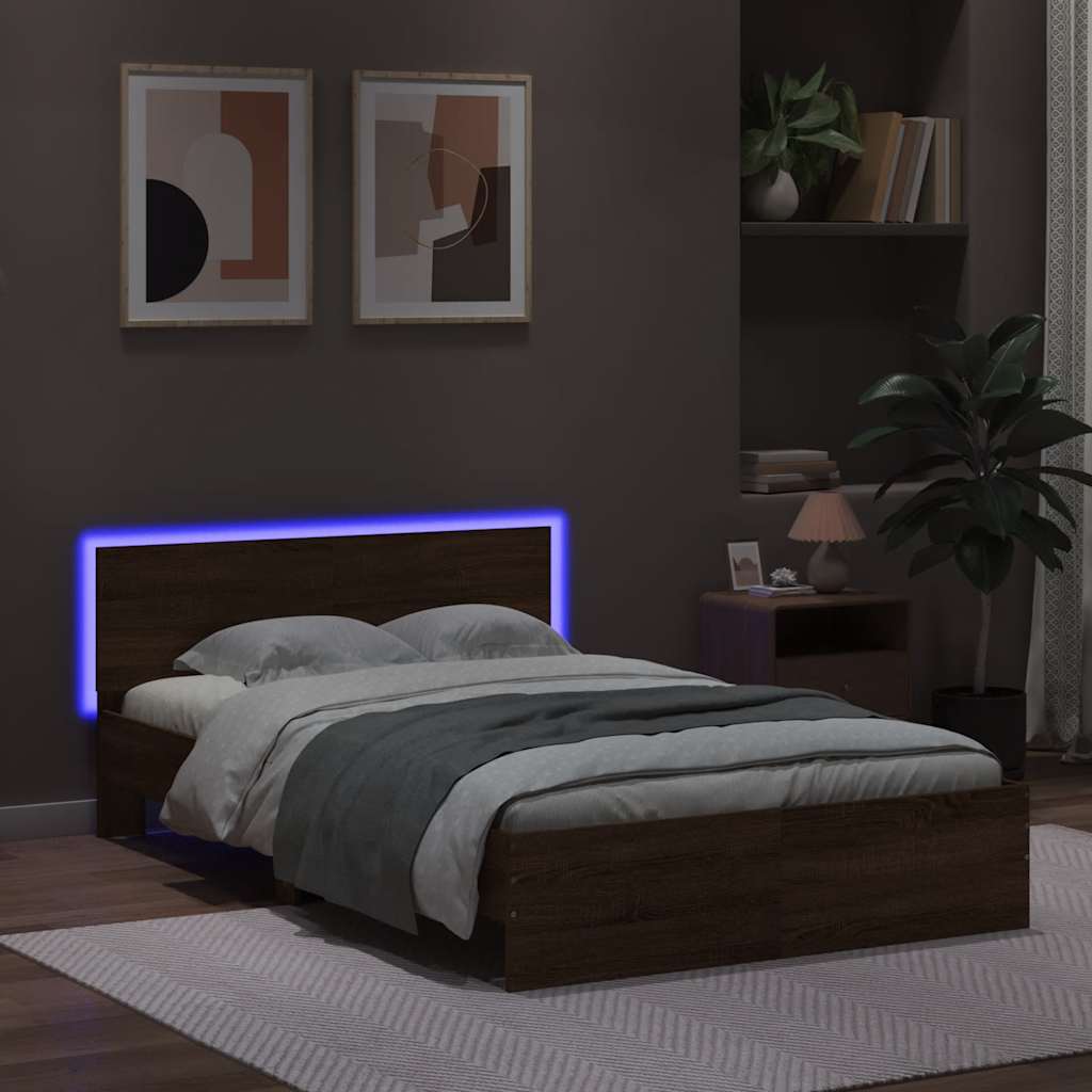 Bedframe met hoofdeinde en LED bruin eikenkleur 140x190 cm is nu te koop bij PeponiXL, paradijselijk wonen!