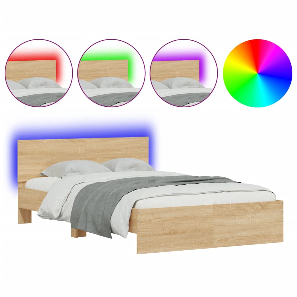 Bedframe met hoofdeinde en LED sonoma eikenkleurig 135x190 cm is nu te koop bij PeponiXL, paradijselijk wonen!