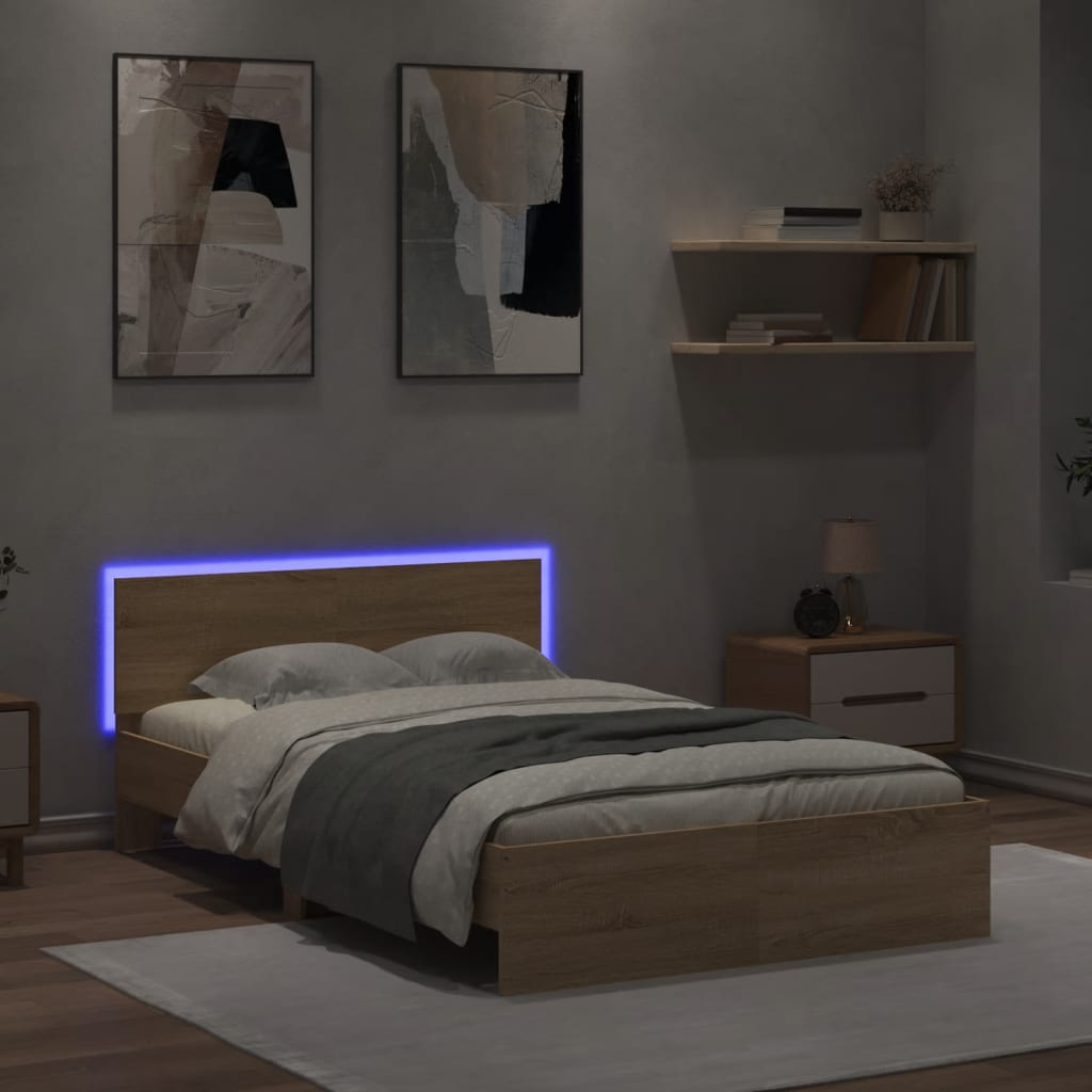 Bedframe met hoofdeinde en LED sonoma eikenkleurig 135x190 cm is nu te koop bij PeponiXL, paradijselijk wonen!
