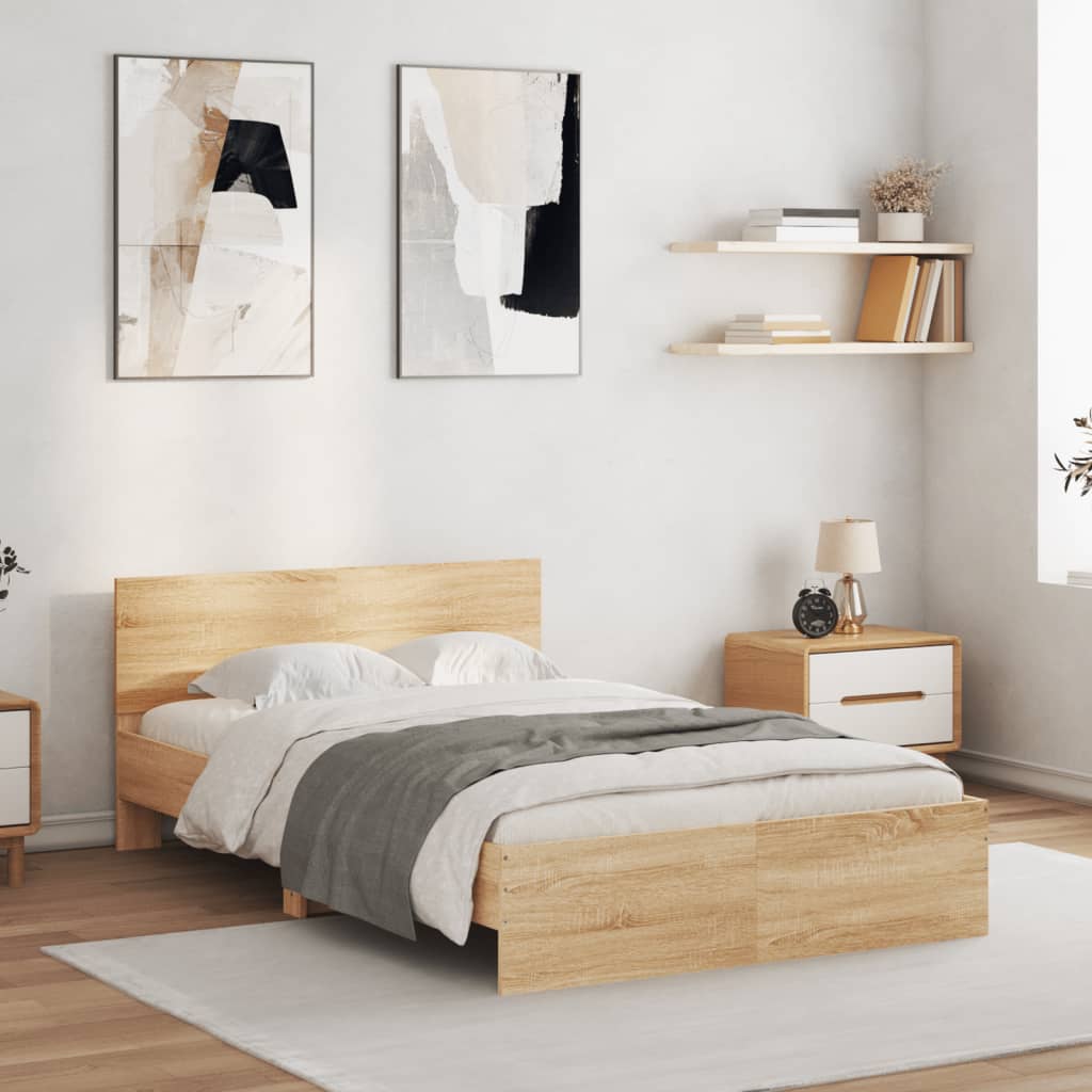 Bedframe met hoofdeinde en LED sonoma eikenkleurig 135x190 cm is nu te koop bij PeponiXL, paradijselijk wonen!