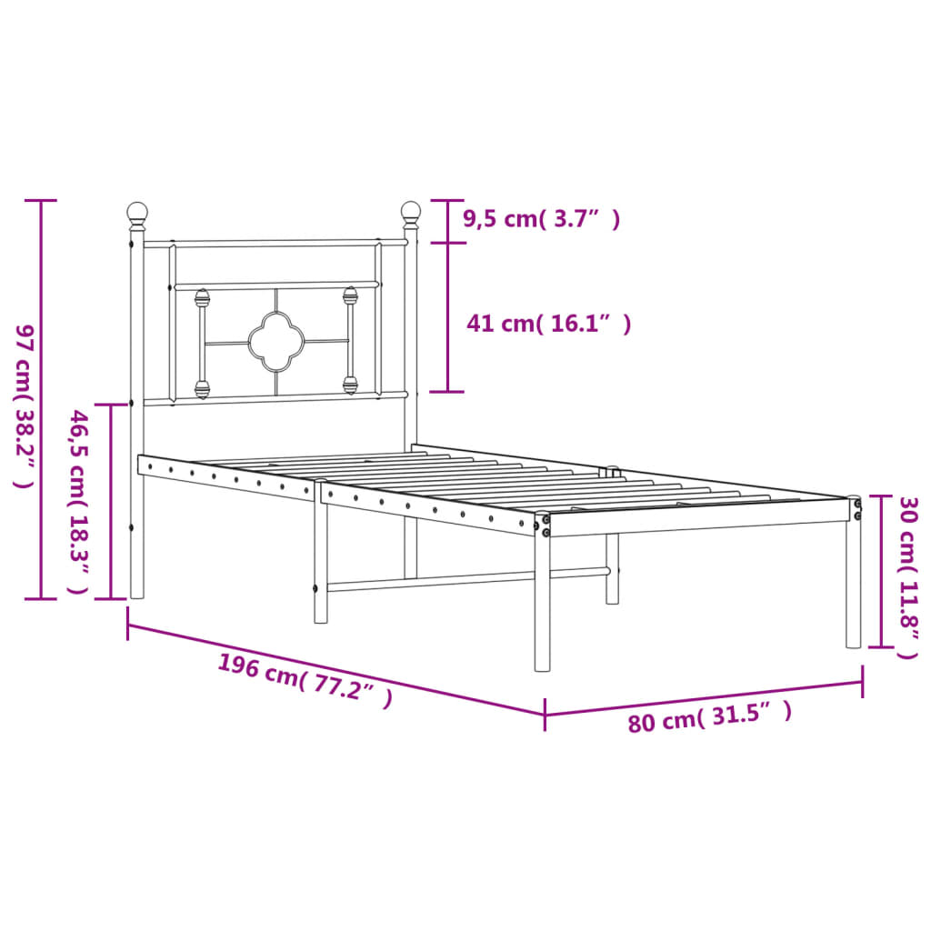Bedframe met hoofdbord zonder matras metaal wit 75x190 cm is nu te koop bij PeponiXL, paradijselijk wonen!