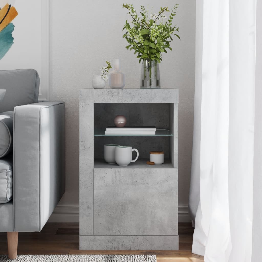 Bijzetkast met LED-verlichting bewerkt hout betongrijs is nu te koop bij PeponiXL, paradijselijk wonen!