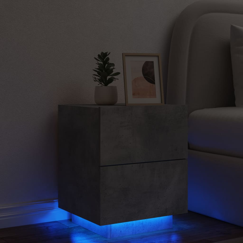 Nachtkastje met LED-verlichting bewerkt hout betongrijs is nu te koop bij PeponiXL, paradijselijk wonen!