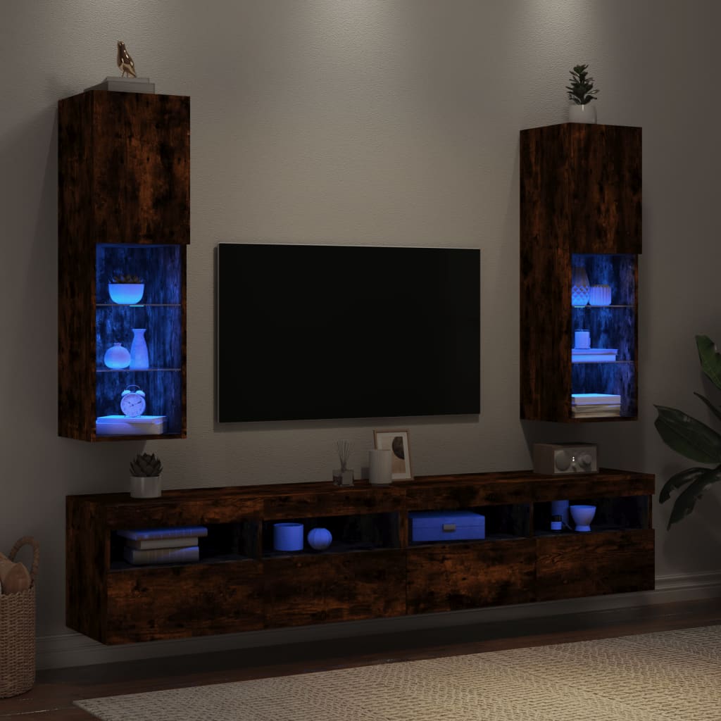 Tv-meubels LED-verlichting 2 st 30,5x30x102 cm gerookt eiken is nu te koop bij PeponiXL, paradijselijk wonen!