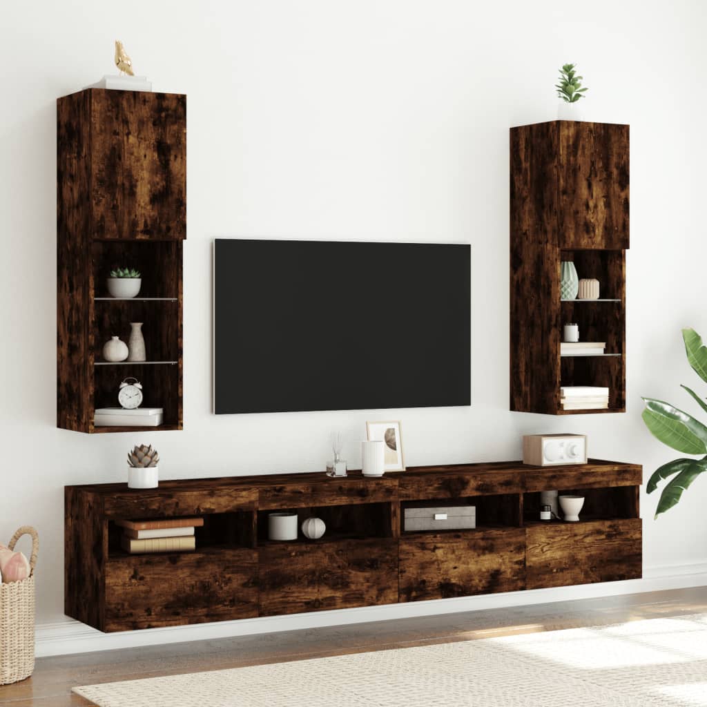 Tv-meubels LED-verlichting 2 st 30,5x30x102 cm gerookt eiken is nu te koop bij PeponiXL, paradijselijk wonen!
