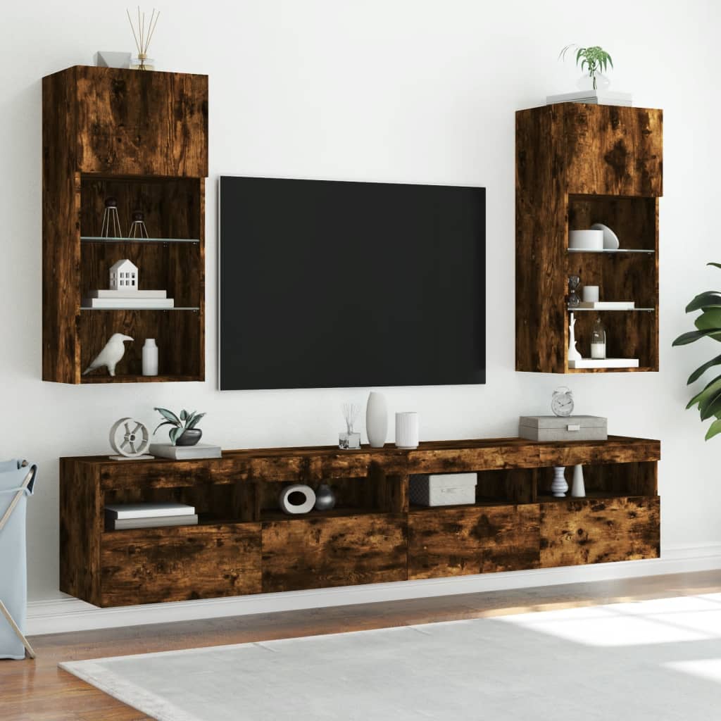 Tv-meubel met LED-verlichting 40,5x30x90 cm gerookt eikenkleur is nu te koop bij PeponiXL, paradijselijk wonen!