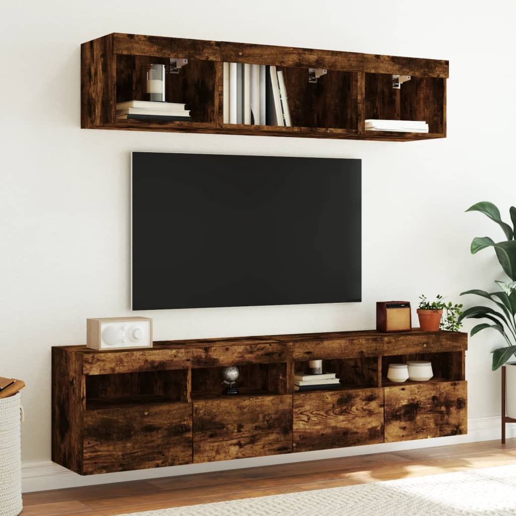 Tv-wandmeubels met LED 2 st 80x30x40 cm gerookt eikenkleurig is nu te koop bij PeponiXL, paradijselijk wonen!