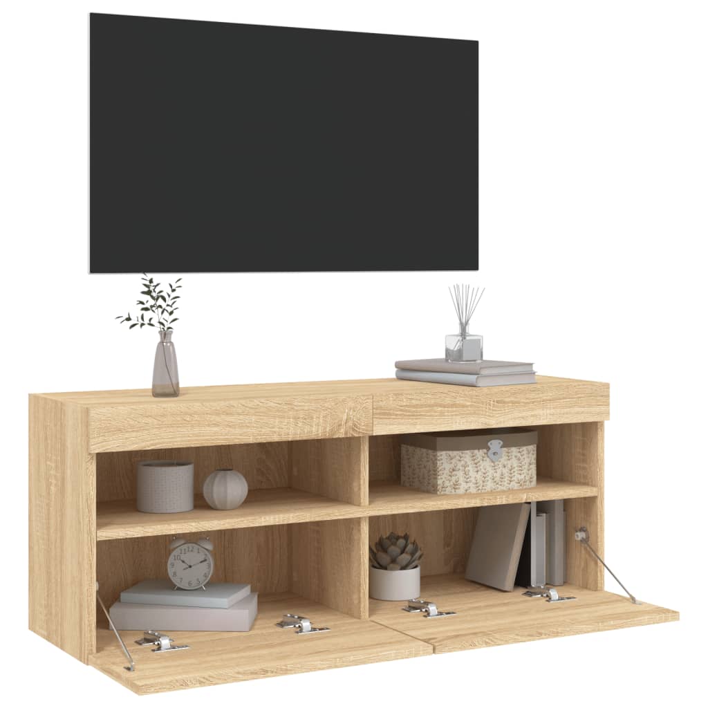 Tv-wandmeubel met LED-verlichting 100x30x40 cm sonoma eiken is nu te koop bij PeponiXL, paradijselijk wonen!