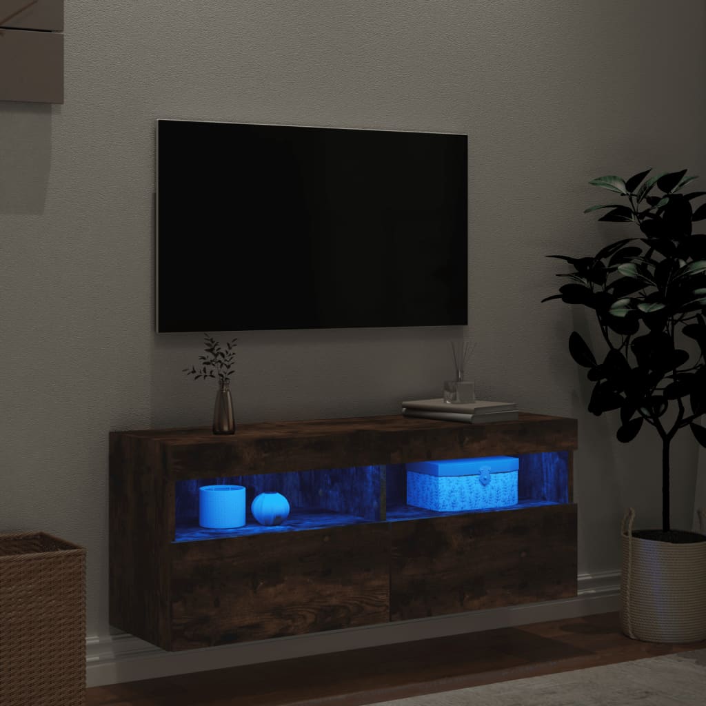 Tv-wandmeubel met LED-verlichting 100x30x40 cm gerookt eiken is nu te koop bij PeponiXL, paradijselijk wonen!