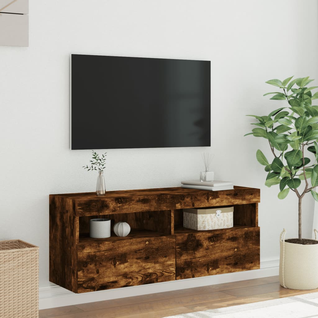 Tv-wandmeubel met LED-verlichting 100x30x40 cm gerookt eiken is nu te koop bij PeponiXL, paradijselijk wonen!