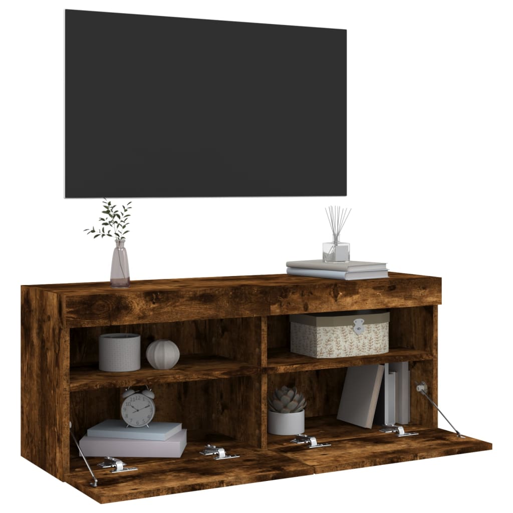 Tv-wandmeubel met LED-verlichting 100x30x40 cm gerookt eiken is nu te koop bij PeponiXL, paradijselijk wonen!
