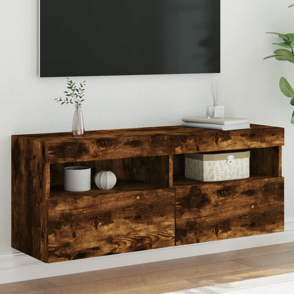 Tv-wandmeubel met LED-verlichting 100x30x40 cm gerookt eiken is nu te koop bij PeponiXL, paradijselijk wonen!