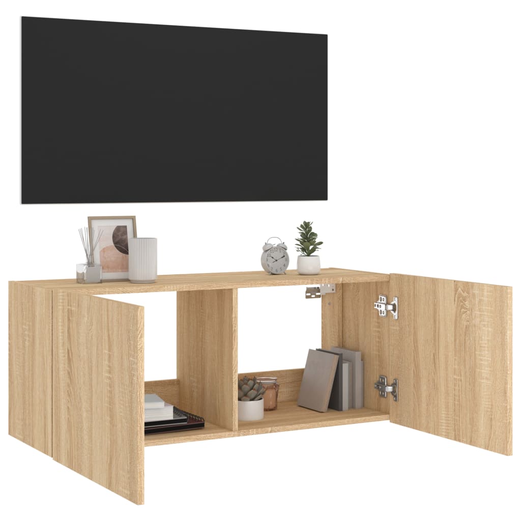 Tv-wandmeubel met LED-verlichting 100x35x41 cm sonoma eiken is nu te koop bij PeponiXL, paradijselijk wonen!