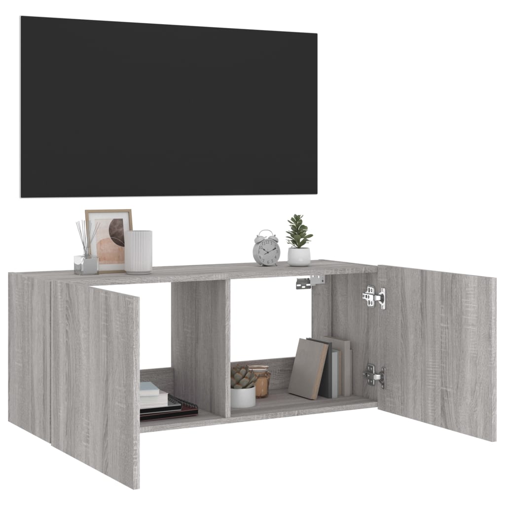 Tv-wandmeubel met LED-verlichting 100x35x41 cm grijs sonoma is nu te koop bij PeponiXL, paradijselijk wonen!