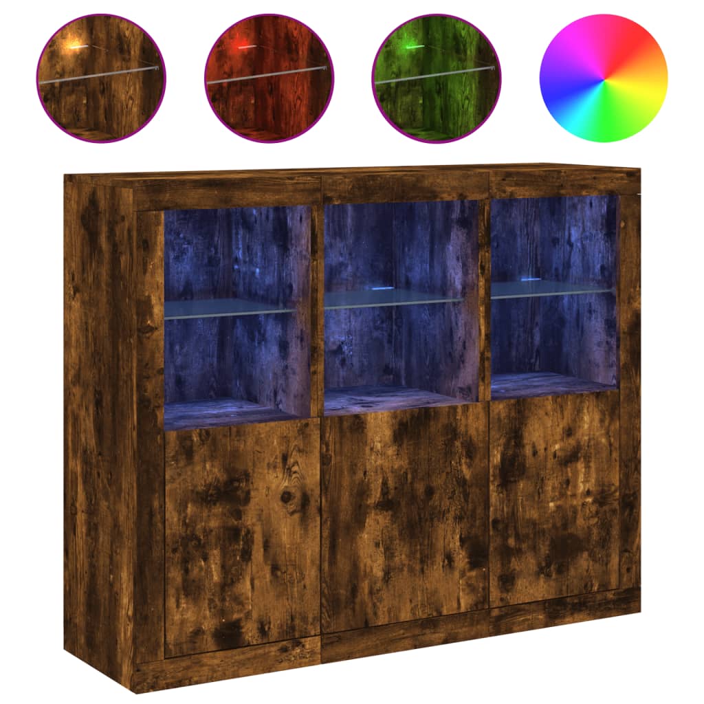 Dressoirs met LED-verlichting 3 st bewerkt hout gerookt eiken is nu te koop bij PeponiXL, paradijselijk wonen!