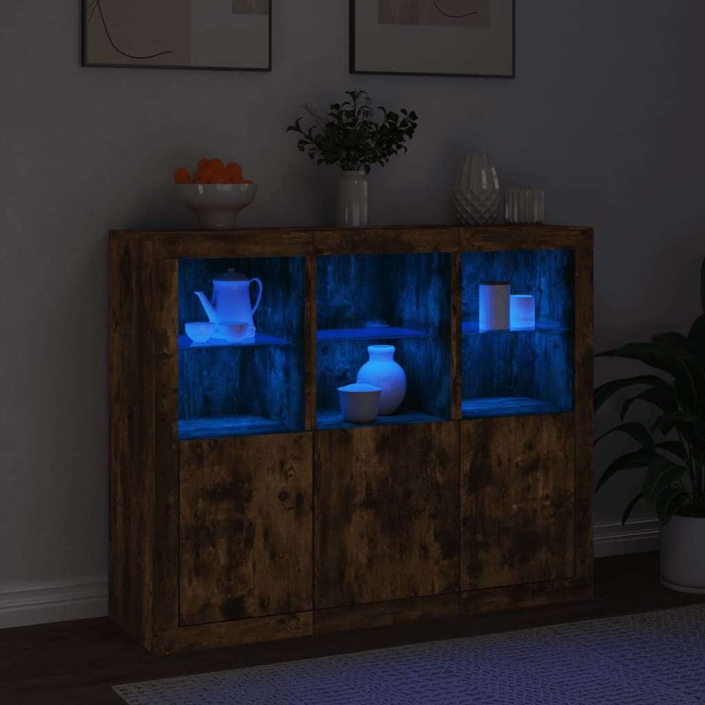 Dressoirs met LED-verlichting 3 st bewerkt hout gerookt eiken is nu te koop bij PeponiXL, paradijselijk wonen!