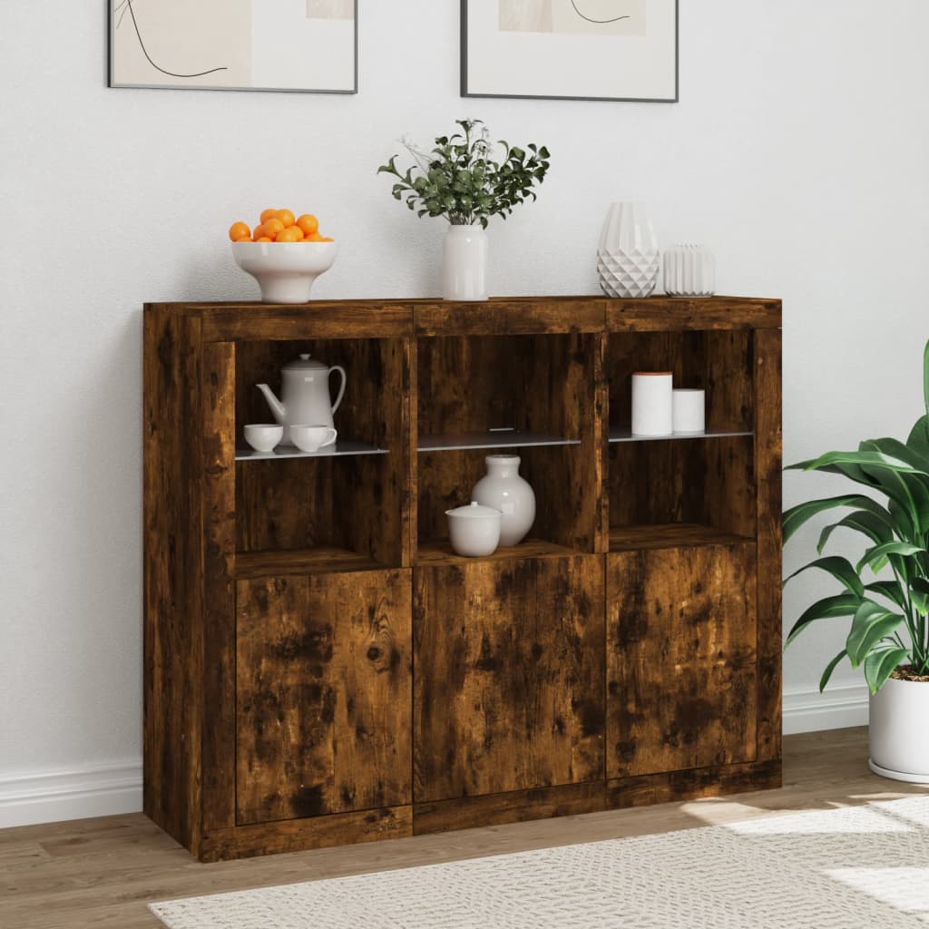 Dressoirs met LED-verlichting 3 st bewerkt hout gerookt eiken is nu te koop bij PeponiXL, paradijselijk wonen!