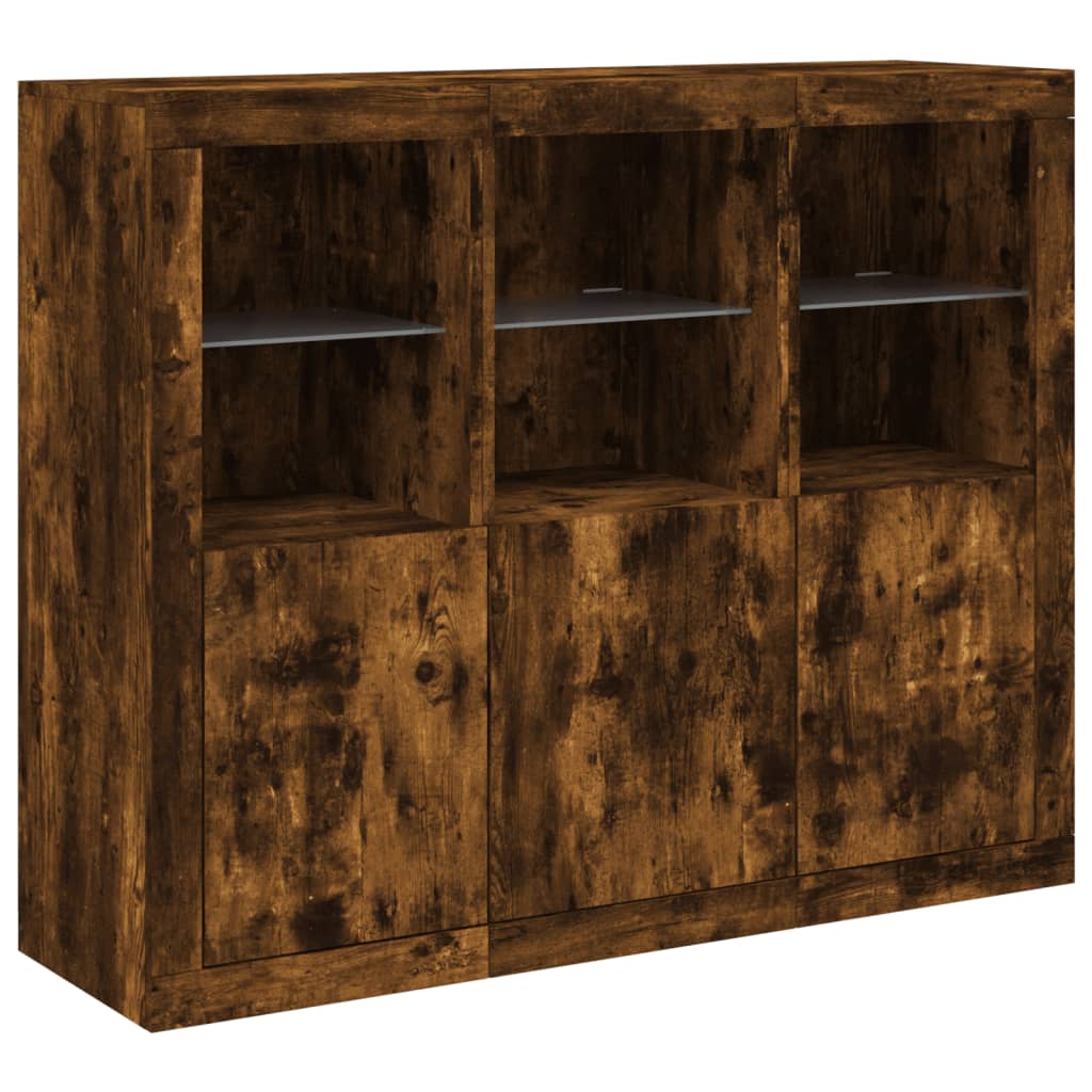 Dressoirs met LED-verlichting 3 st bewerkt hout gerookt eiken is nu te koop bij PeponiXL, paradijselijk wonen!