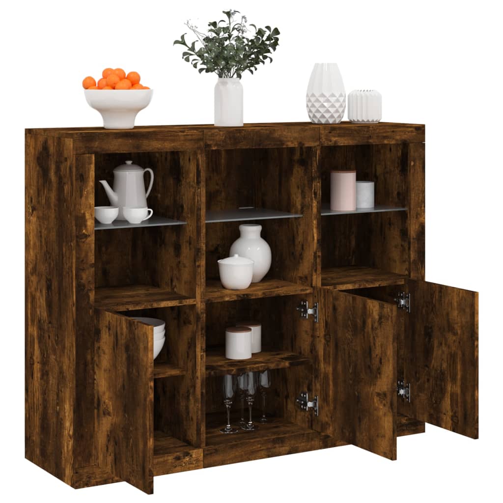 Dressoirs met LED-verlichting 3 st bewerkt hout gerookt eiken is nu te koop bij PeponiXL, paradijselijk wonen!