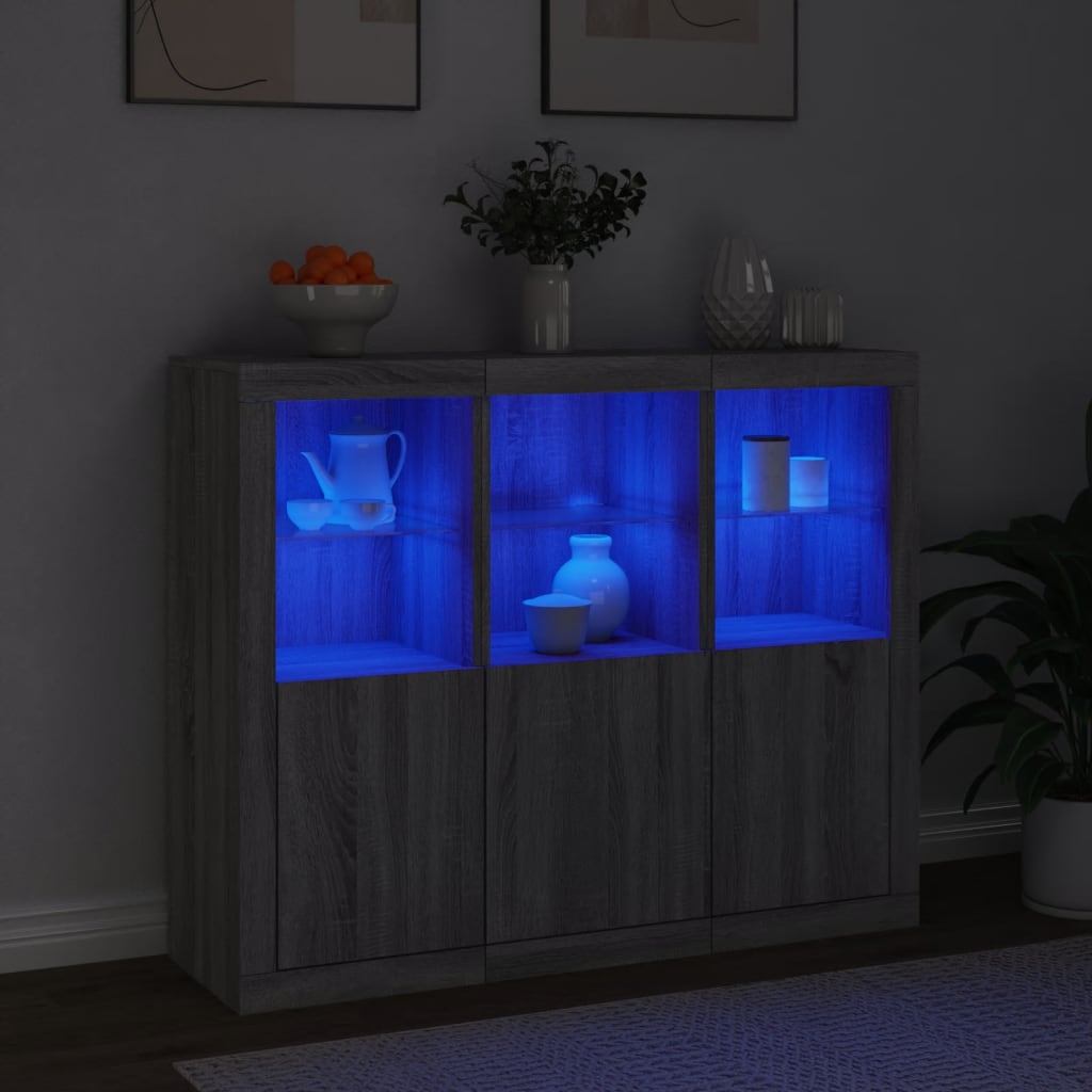Dressoirs met LED-verlichting 3 st bewerkt hout grijs sonoma is nu te koop bij PeponiXL, paradijselijk wonen!