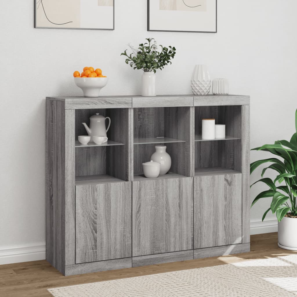 Dressoirs met LED-verlichting 3 st bewerkt hout grijs sonoma is nu te koop bij PeponiXL, paradijselijk wonen!