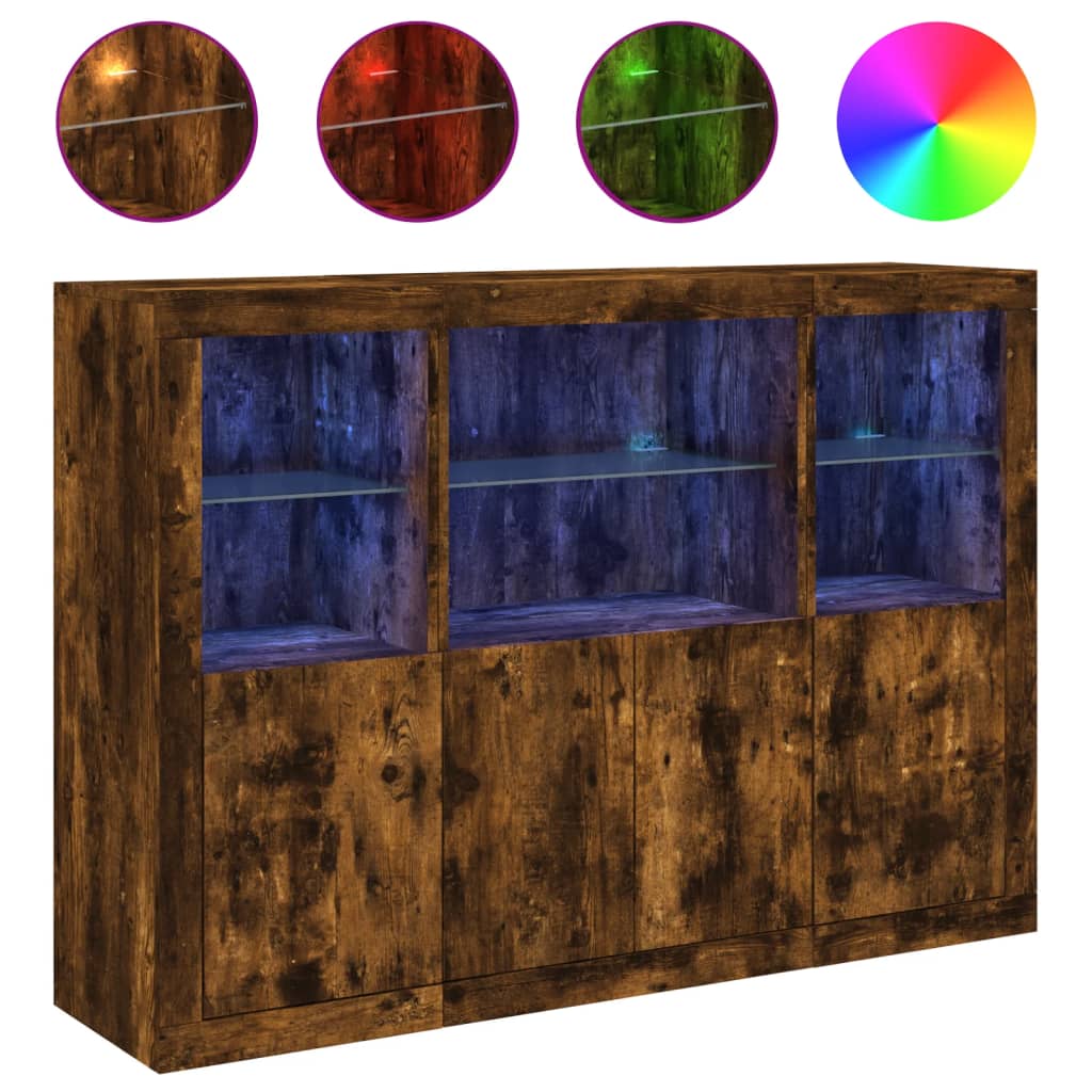Dressoirs met LED-verlichting 3 st bewerkt hout gerookt eiken is nu te koop bij PeponiXL, paradijselijk wonen!