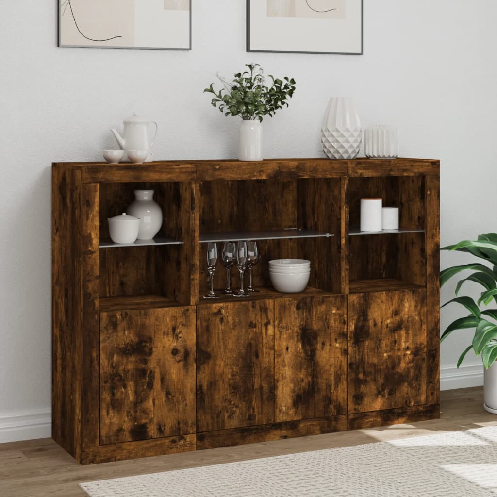 Dressoirs met LED-verlichting 3 st bewerkt hout gerookt eiken is nu te koop bij PeponiXL, paradijselijk wonen!
