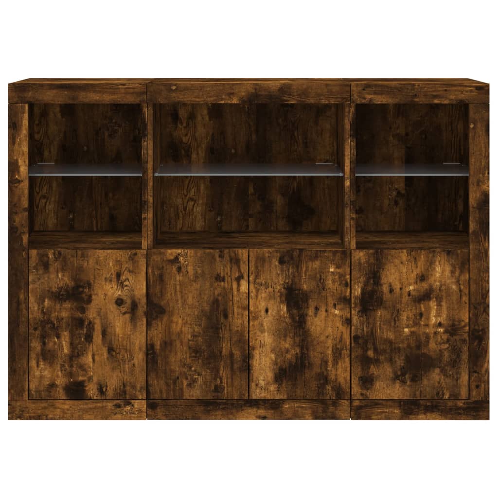 Dressoirs met LED-verlichting 3 st bewerkt hout gerookt eiken is nu te koop bij PeponiXL, paradijselijk wonen!