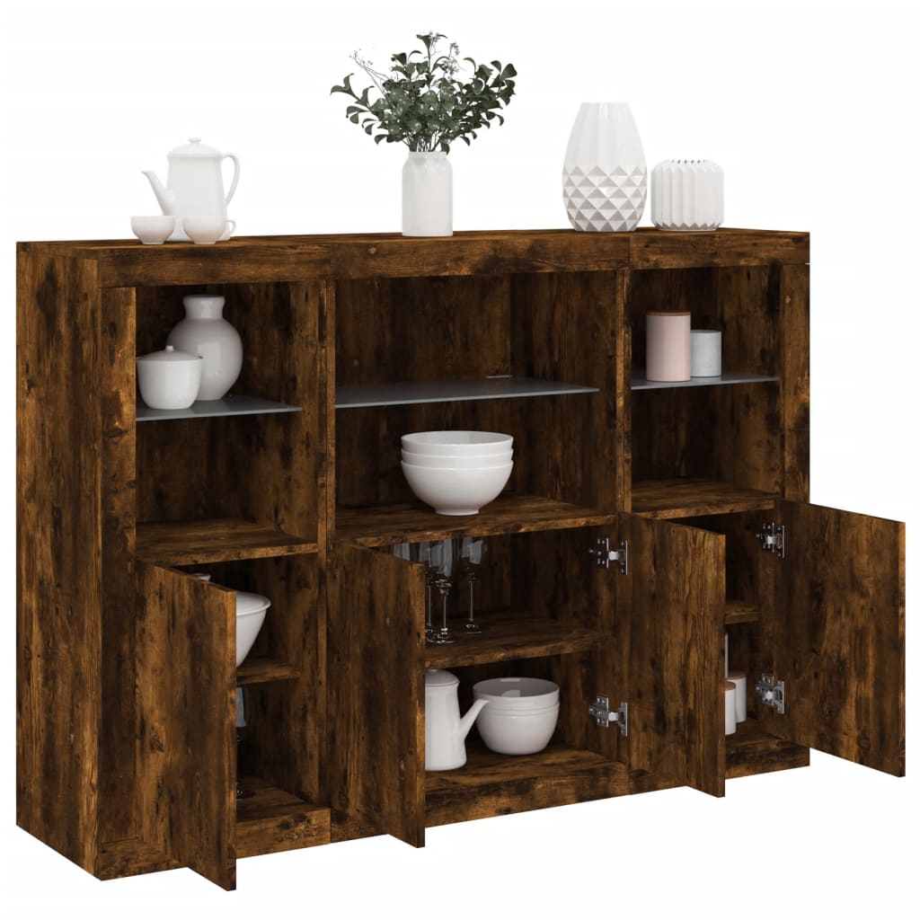 Dressoirs met LED-verlichting 3 st bewerkt hout gerookt eiken is nu te koop bij PeponiXL, paradijselijk wonen!