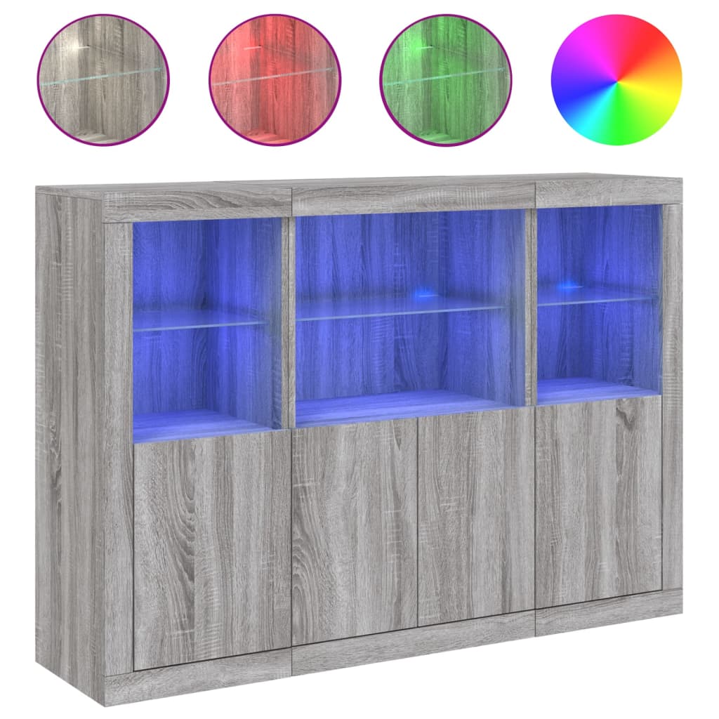 Dressoirs met LED-verlichting 3 st bewerkt hout grijs sonoma is nu te koop bij PeponiXL, paradijselijk wonen!