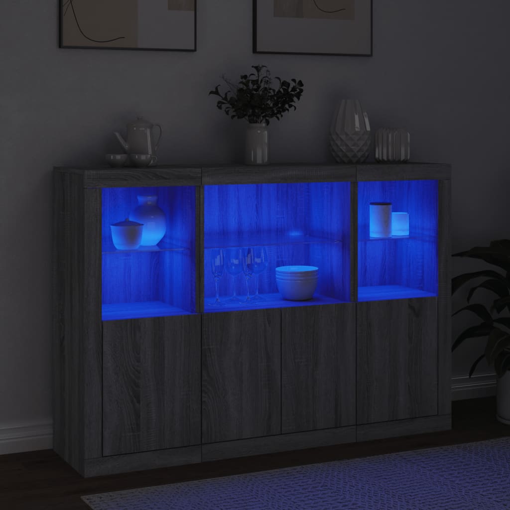 Dressoirs met LED-verlichting 3 st bewerkt hout grijs sonoma is nu te koop bij PeponiXL, paradijselijk wonen!