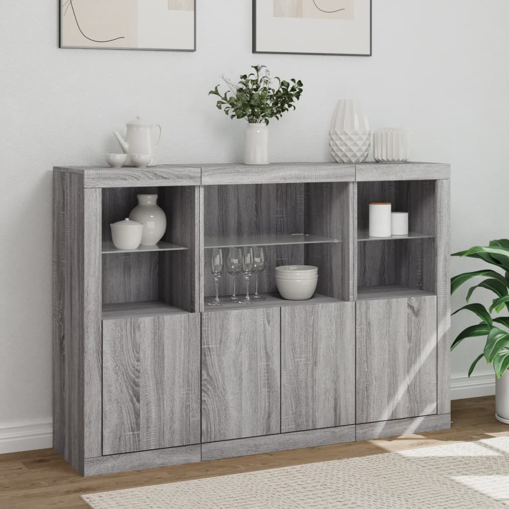 Dressoirs met LED-verlichting 3 st bewerkt hout grijs sonoma is nu te koop bij PeponiXL, paradijselijk wonen!
