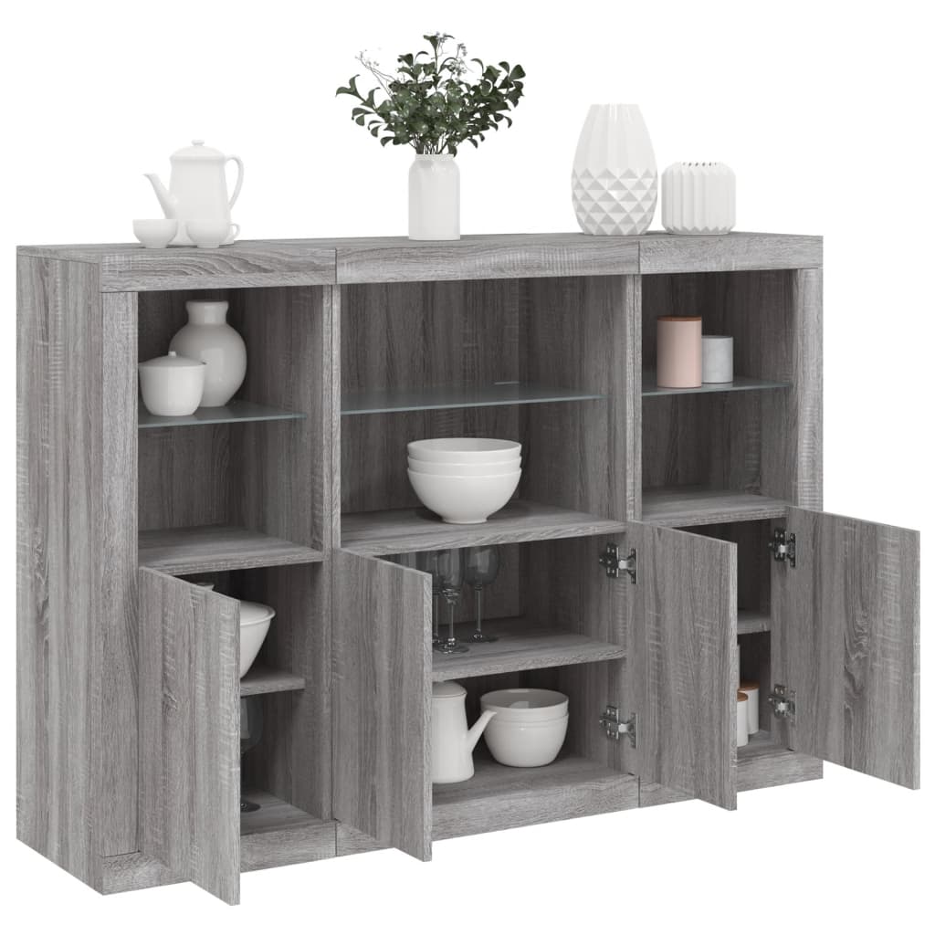 Dressoirs met LED-verlichting 3 st bewerkt hout grijs sonoma is nu te koop bij PeponiXL, paradijselijk wonen!
