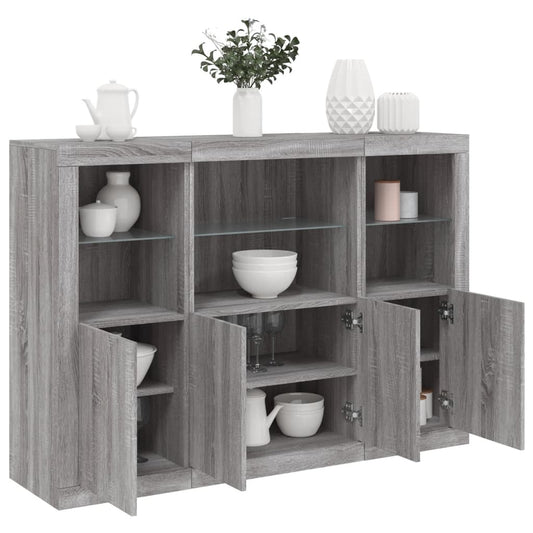 Dressoirs met LED-verlichting 3 st bewerkt hout grijs sonoma is nu te koop bij PeponiXL, paradijselijk wonen!