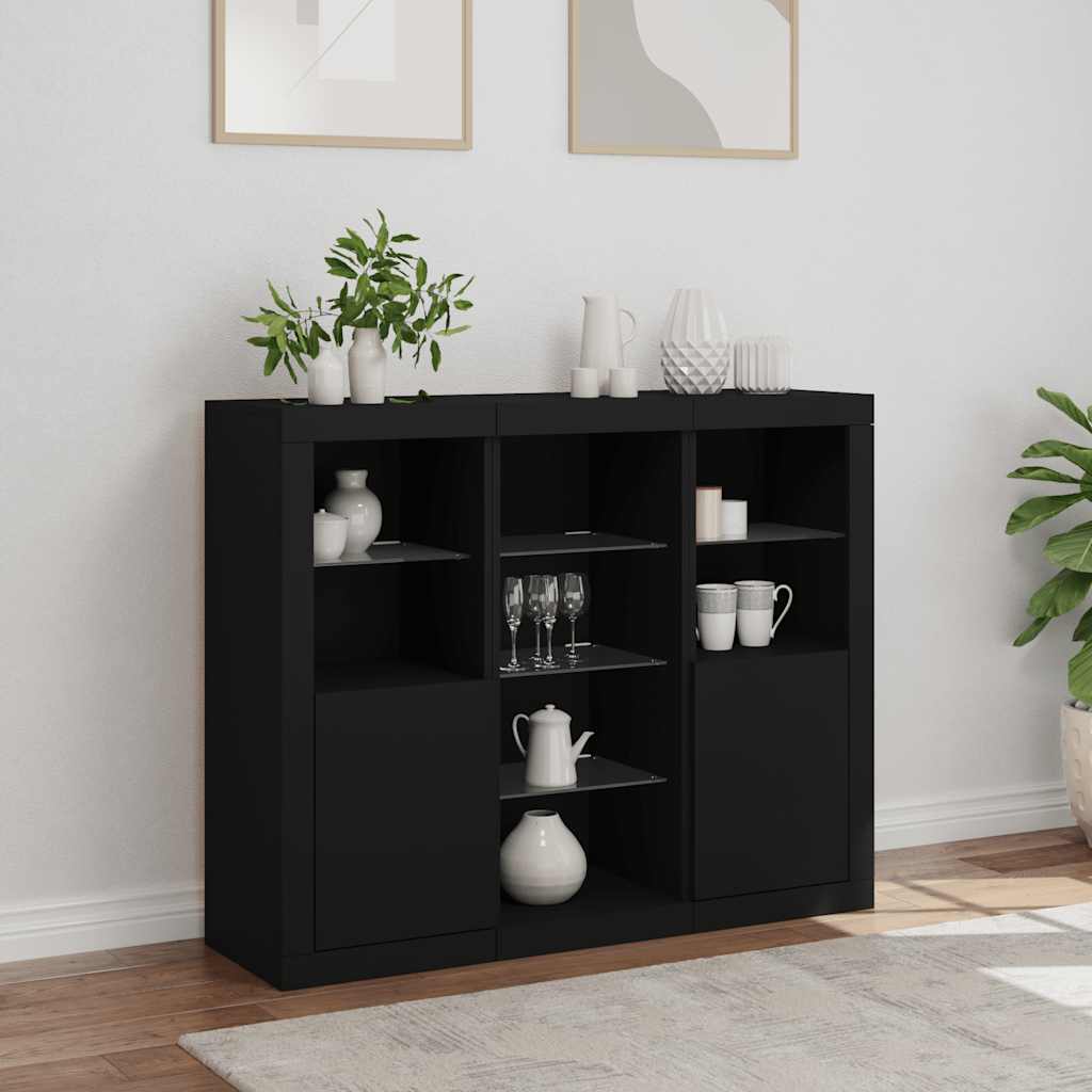 Dressoirs met LED-verlichting 3 st bewerkt hout zwart is nu te koop bij PeponiXL, paradijselijk wonen!