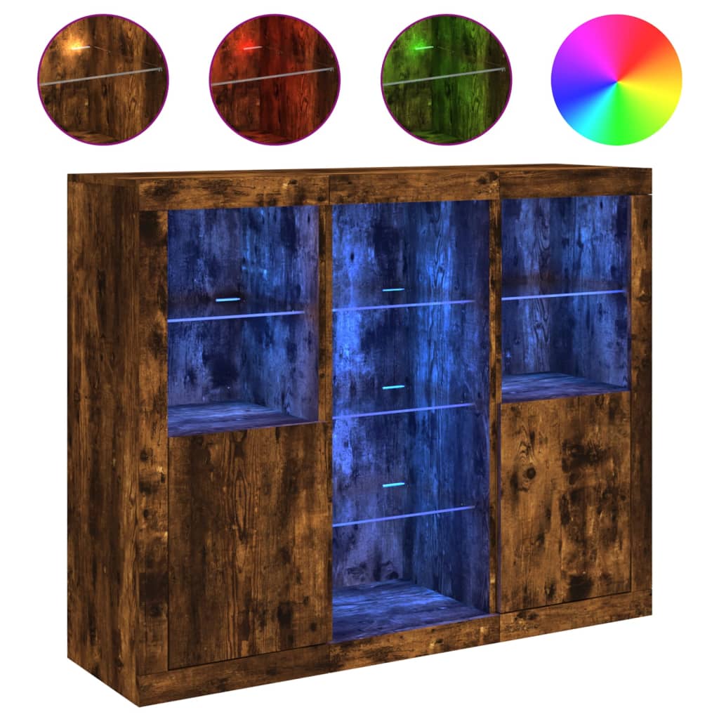 Dressoirs met LED-verlichting 3 st bewerkt hout gerookt eiken is nu te koop bij PeponiXL, paradijselijk wonen!