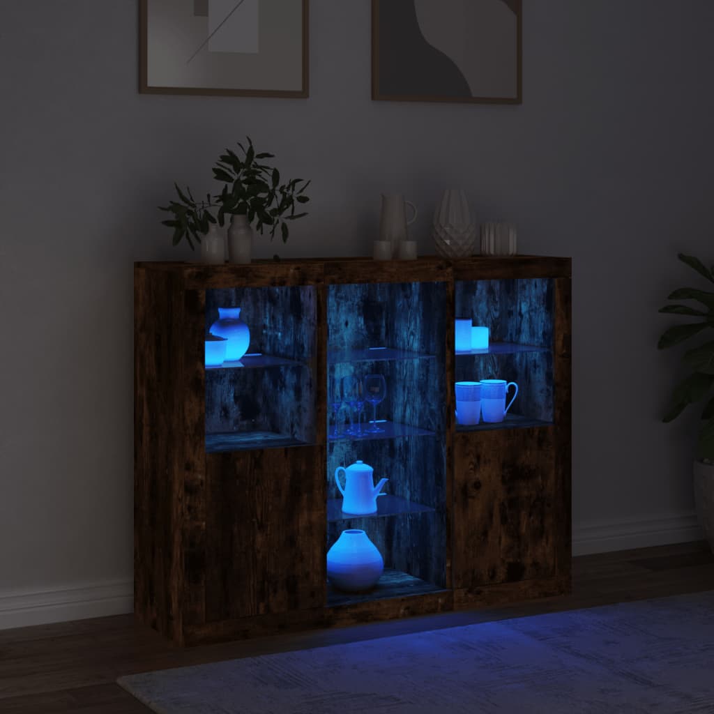 Dressoirs met LED-verlichting 3 st bewerkt hout gerookt eiken is nu te koop bij PeponiXL, paradijselijk wonen!