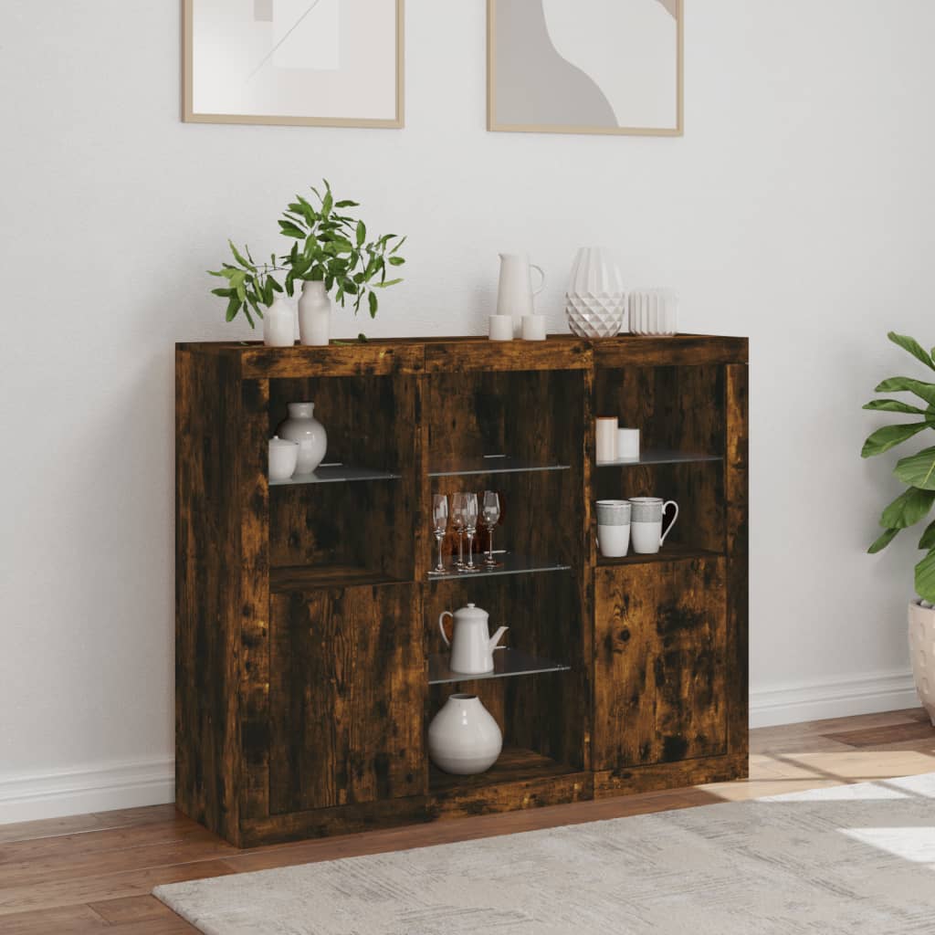 Dressoirs met LED-verlichting 3 st bewerkt hout gerookt eiken is nu te koop bij PeponiXL, paradijselijk wonen!