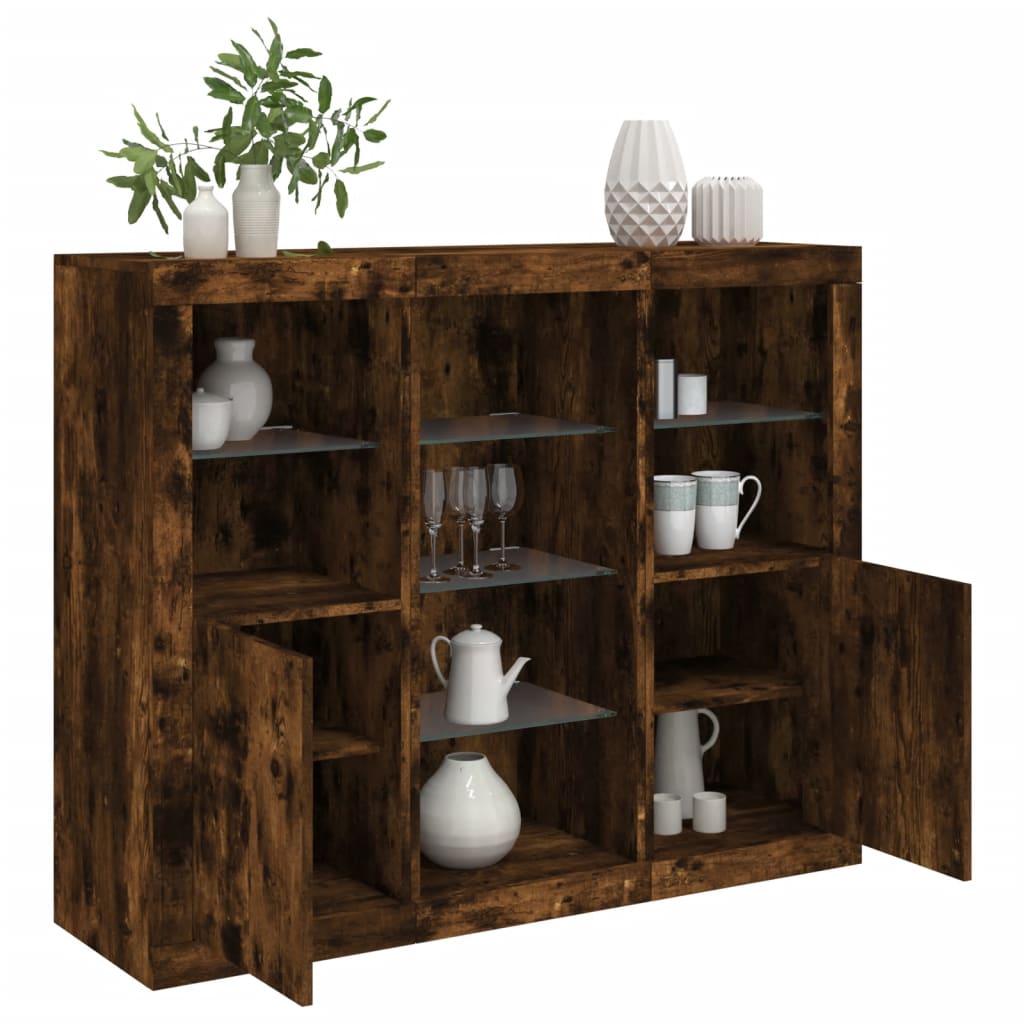 Dressoirs met LED-verlichting 3 st bewerkt hout gerookt eiken is nu te koop bij PeponiXL, paradijselijk wonen!