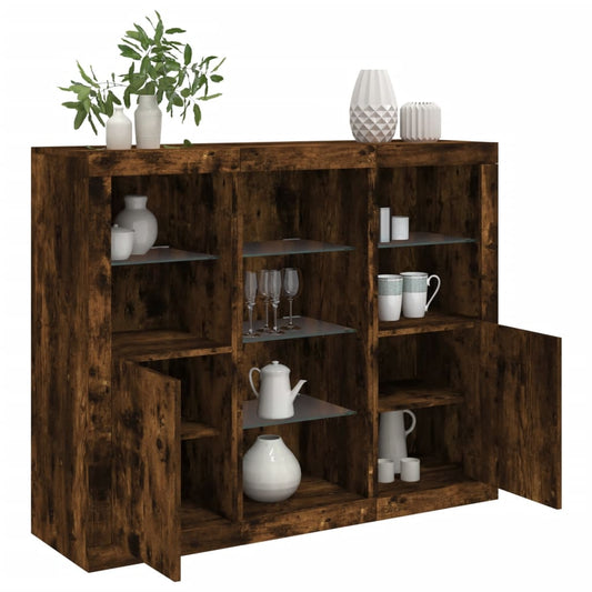 Dressoirs met LED-verlichting 3 st bewerkt hout gerookt eiken is nu te koop bij PeponiXL, paradijselijk wonen!