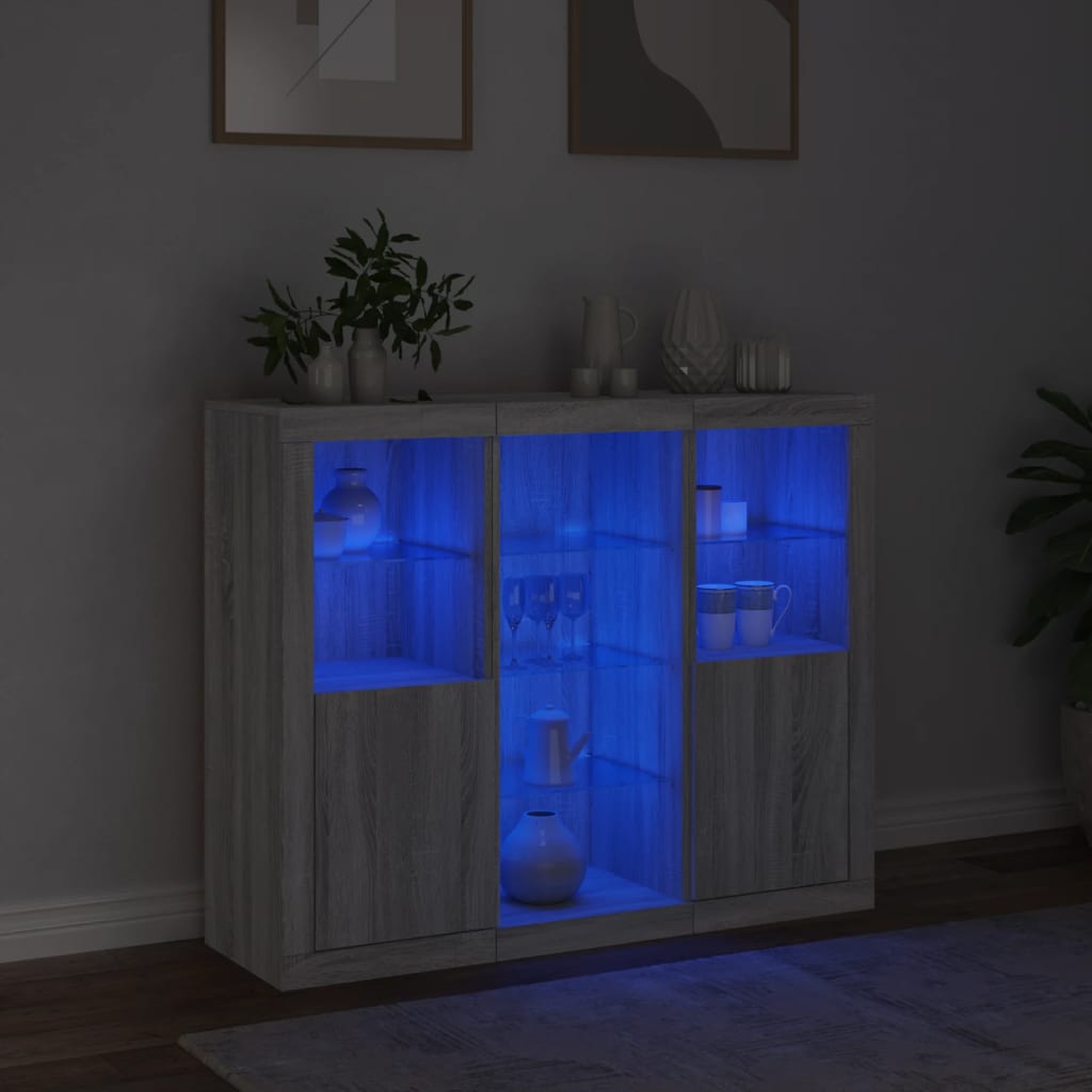 Dressoirs met LED-verlichting 3 st bewerkt hout grijs sonoma is nu te koop bij PeponiXL, paradijselijk wonen!